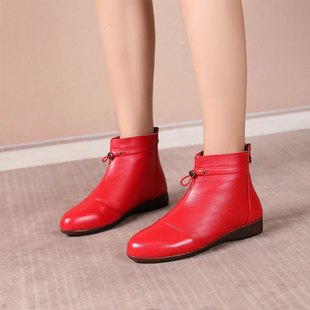 平底春秋冬季高帮小牛皮短靴32 33小码女鞋平跟真皮软底休闲棉靴