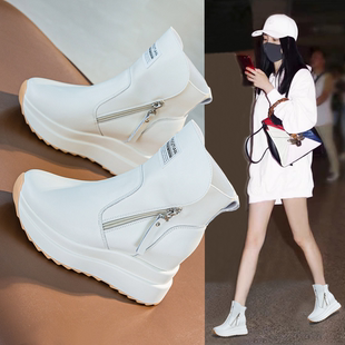 厚底高帮小白鞋女2025新款秋冬季加绒真皮马丁靴小个子内增高短靴