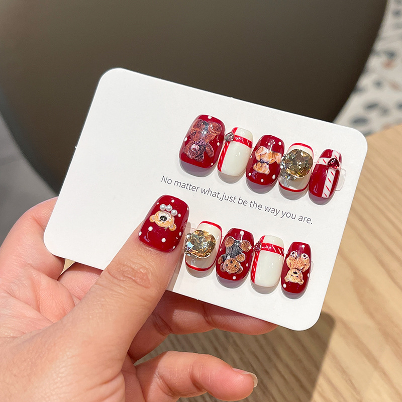 新年红色圣诞款手工穿戴甲卡通小熊可爱穿戴甲纯手作秋冬美甲贴片