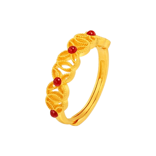 老庙黄金足金999古法花丝蕾丝四叶草红色鎏彩活口戒指宫廷复古