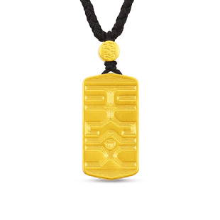 老庙黄金足金999事事金安古法金平安牌吊坠金珠配黑绳项链简约