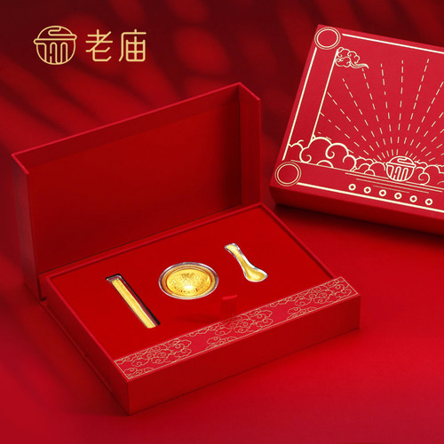 老庙祝福金碗筷勺三件套摆件