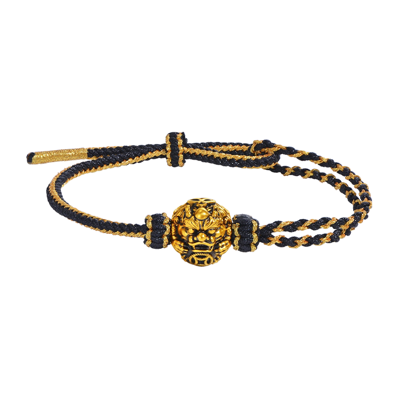 老庙黄金足金潮玩瑞兽系列黑金貔貅手绳手链5D电黑招财进宝