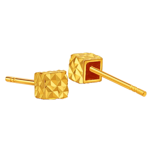 老庙黄金足金999小魔方四方格子耳钉5G爆闪方糖几何时尚礼物