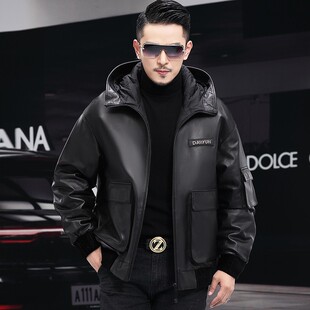 冬季皮衣外套男款真皮绵羊皮加绒加厚白鸭绒羽绒服休闲外套连帽