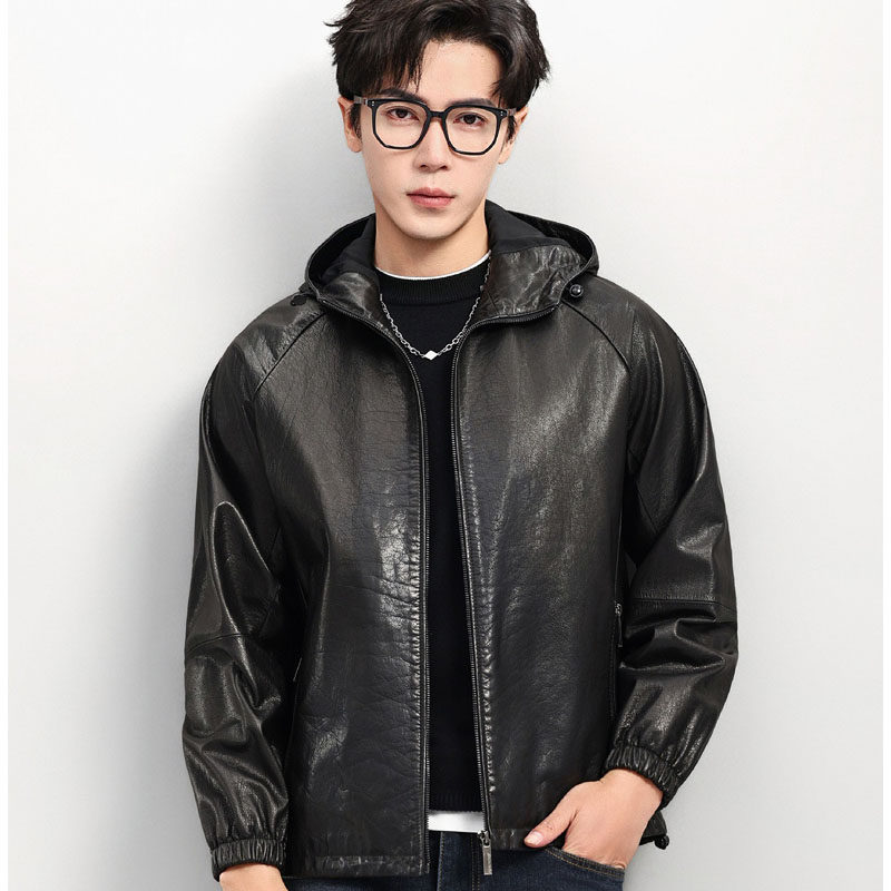 皮衣外套男高级感夹克潮流帅气2026新款春秋男皮衣牛皮连帽休闲风