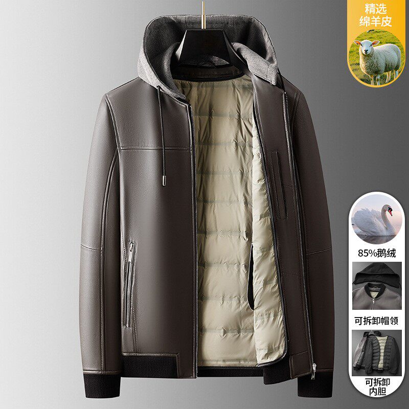 绵羊皮真皮皮衣男夹克休闲外套秋冬2026新款连帽可脱卸鹅绒内胆