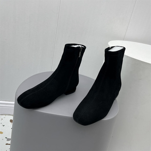 品牌撤柜真皮鞋子女2022年新款秋羊反绒短靴侧拉链方头加棉马丁靴