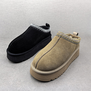 品牌断码真皮靴子女2025新款冬款牛反绒圆头松糕底厚底加厚雪地靴