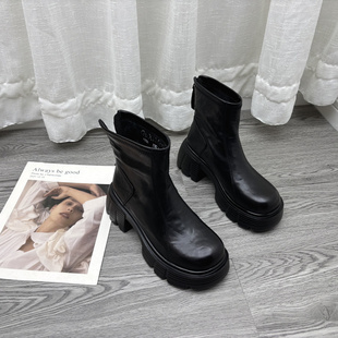 品牌断码真皮靴子女2025新款冬款牛皮短靴圆头高跟加厚切尔西靴女