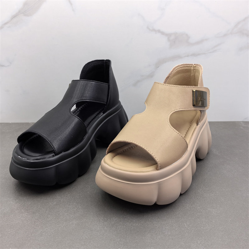 品牌撤柜真皮女鞋2024新款夏季牛皮高跟厚底露趾魔术贴罗马凉鞋女,女鞋,罗马凉鞋,淘宝优惠券,粉丝福利购,淘宝优惠卷