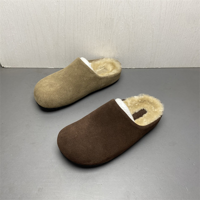 半拖圆头平底加绒包头拖鞋