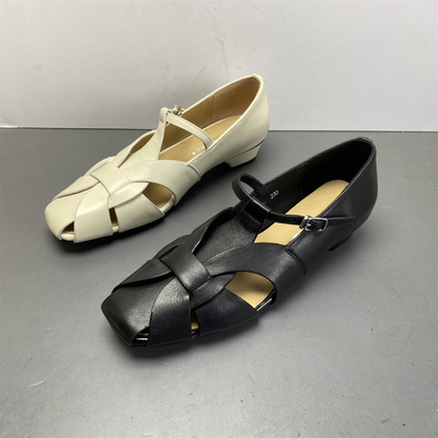 一字扣带气质方头低跟透气单鞋