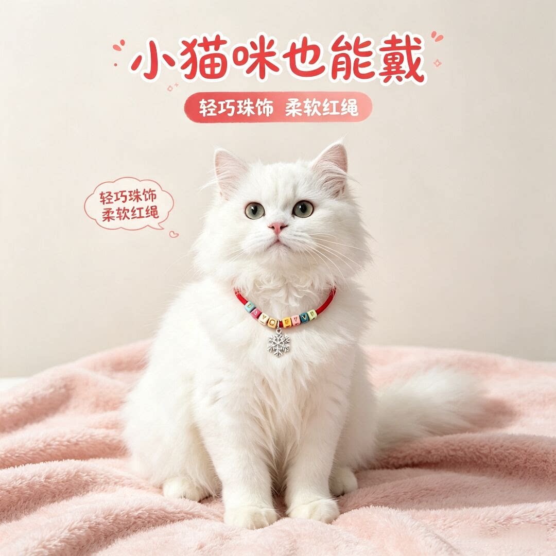 &nbsp;猫咪红绳项圈 字母串珠雪花吊坠 小型宠物可调节脖圈装饰用品