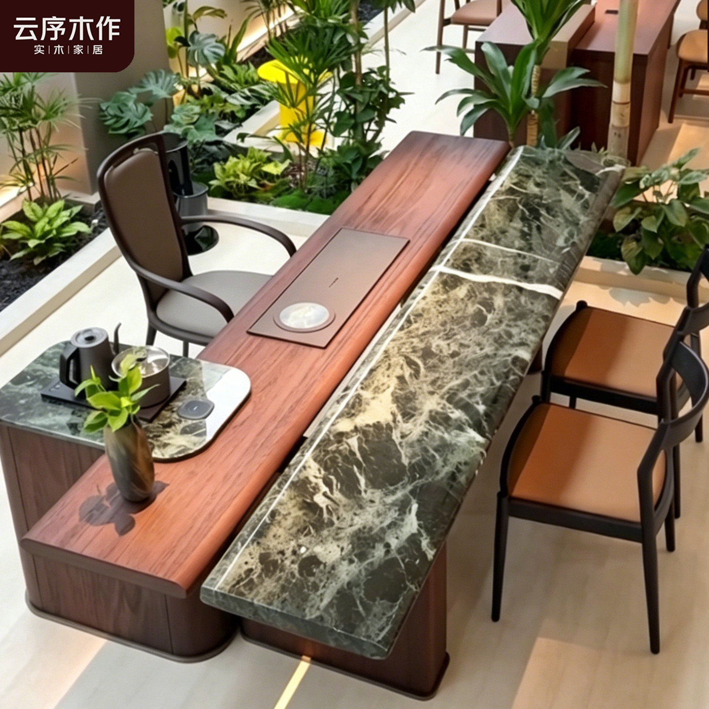 新中式北美黑胡桃木茶桌现代高级感奢石一体茶台办公室别墅泡茶桌