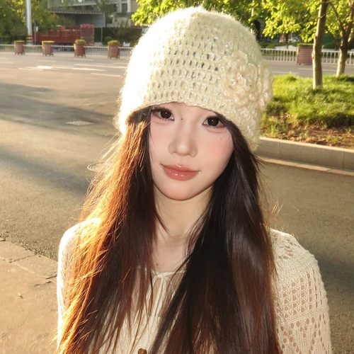 2025新款亮片花朵针织包头帽女秋冬季文艺百搭复古冷帽保暖护耳帽