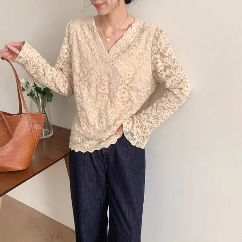 2025新款拼接网纱V领蕾丝打底衫女秋冬新款独特别致修身显瘦内搭