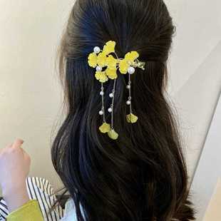 2025新款 复古珍珠流苏鸭嘴夹一字夹 银杏叶侧边夹子发夹刘海夹时尚