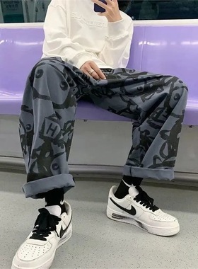 2025新款裤子男生春秋季扎染印花港风大码运动裤痞帅ins韩版宽松