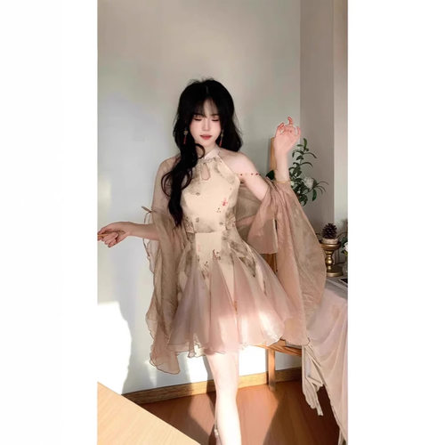 2025新款复古新中式女装国风改良旗袍晚礼服盘扣收腰连衣裙两件套