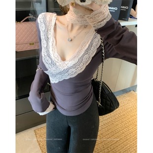 2025新款纯欲风蕾丝花边V领长袖T恤女装春季气质chic修身内搭打底