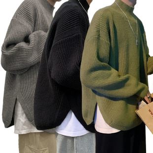 跨境爆款 毛衣男开叉纯色半高领内搭打底衫 欧码 针织衫 大码 2025新款