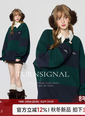 TurnSignal时尚翻领条纹拼接卫衣女加绒加厚冬休闲宽松套头polo领