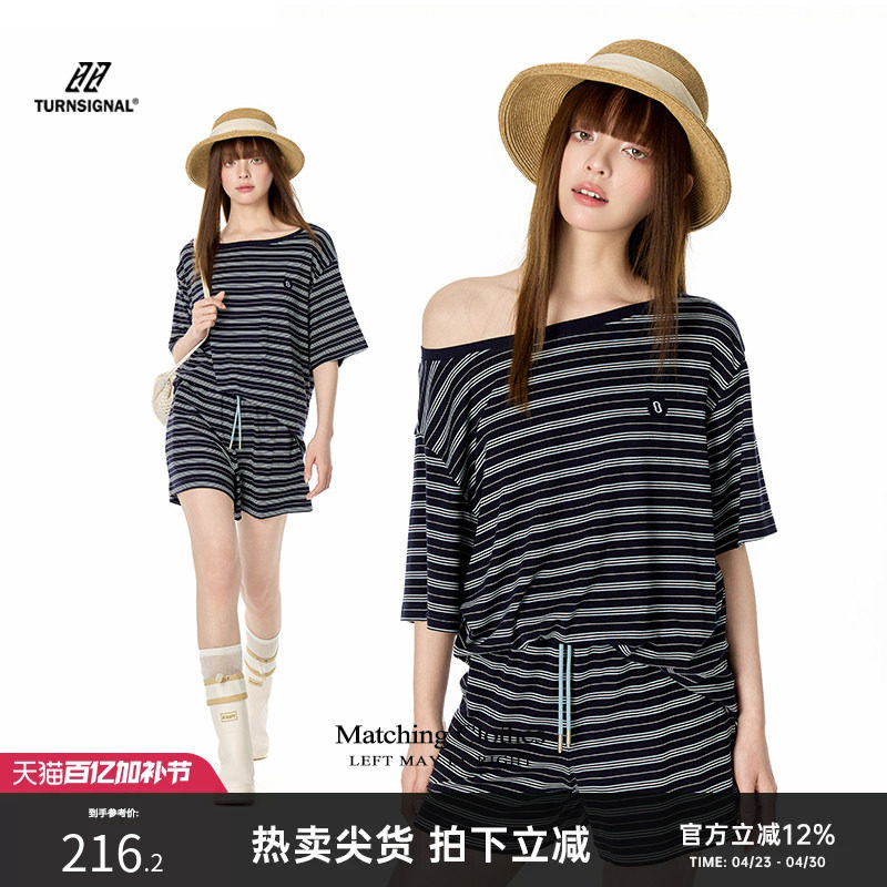 TurnSignal斜肩短袖短裤套装女夏季2026新款时尚休闲宽松两件套夏
