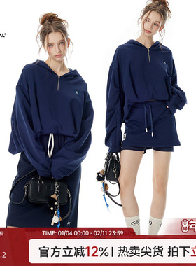 Turn Signal潮牌半拉链卫衣女连帽2025新款休闲宽松短款帽衫春秋