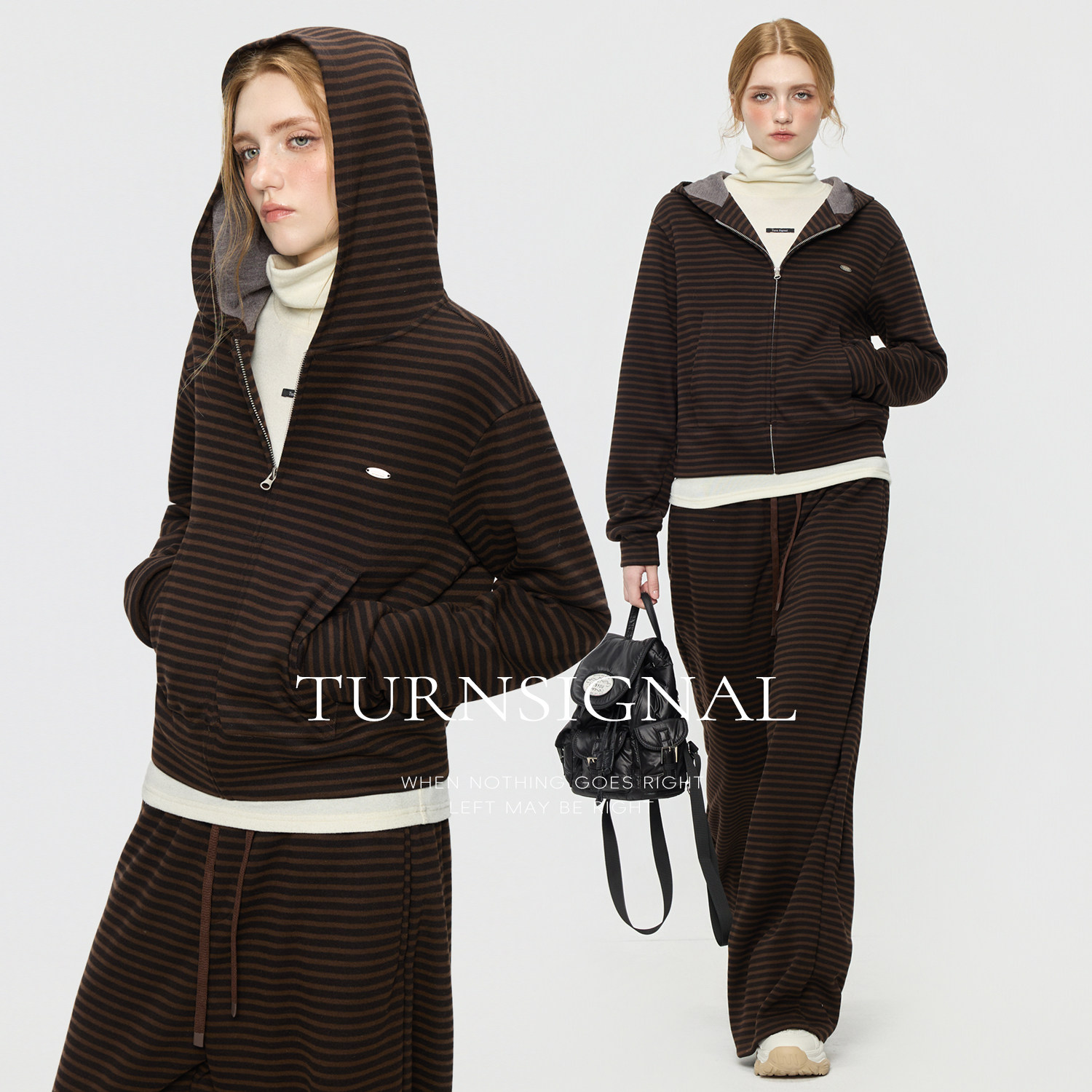 TurnSignal条纹卫衣长裤套装女秋冬2025新款连帽休闲运动两件套