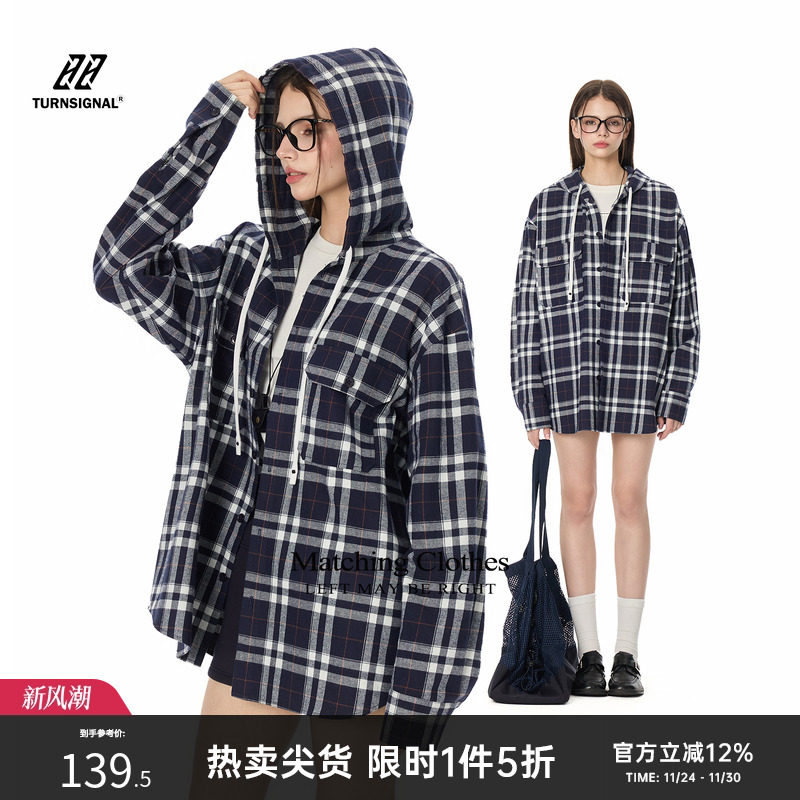 TurnSignal连帽条纹格子衬衫外套