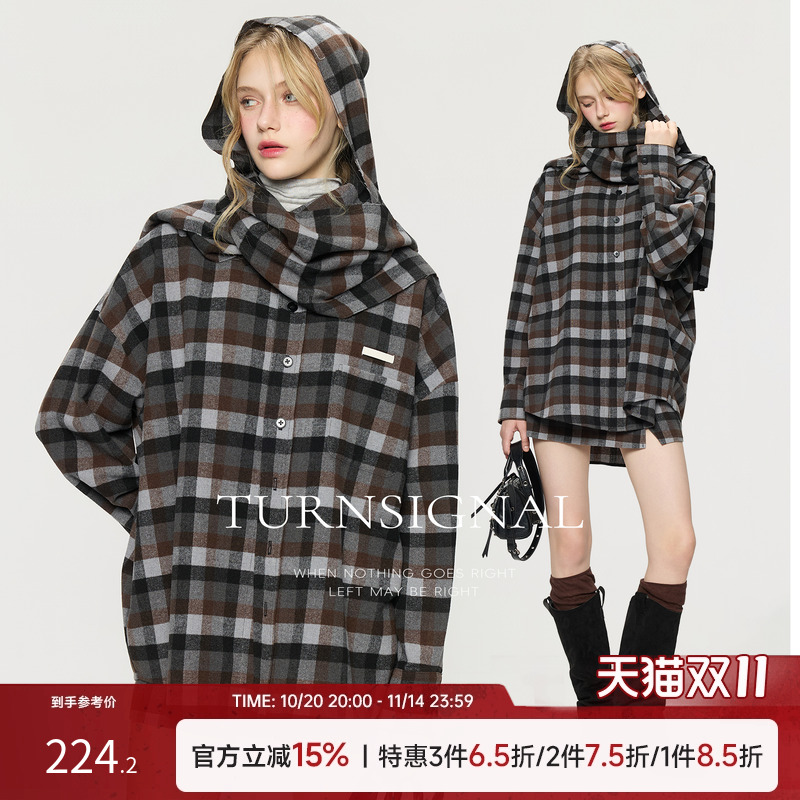 TurnSignal连帽格子衬衫外套女