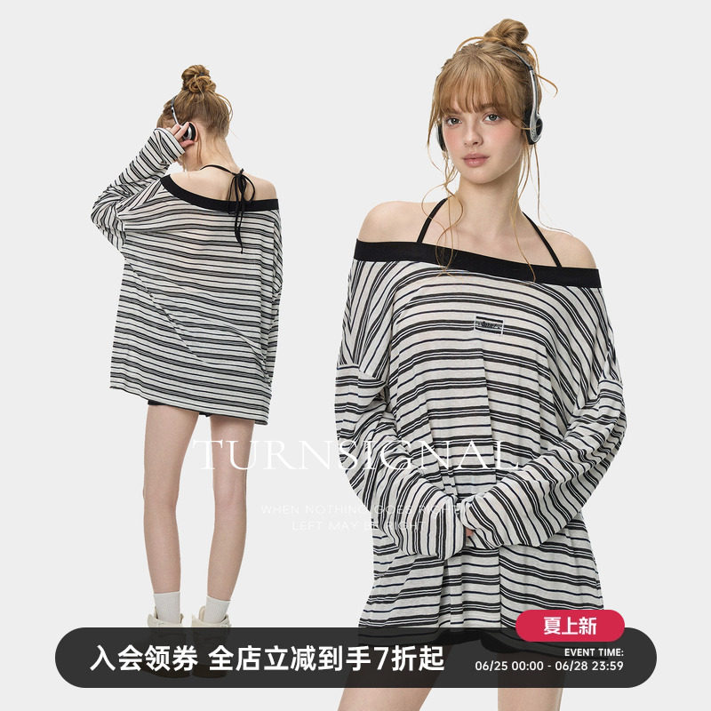 Turn Signal时尚韩系条纹一字肩长袖T恤女薄款夏休闲宽松罩衫上衣 - 实物图