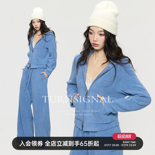 TurnSignal 短款针织外套长裤套装女连帽卫衣卫裤休闲运动两件套