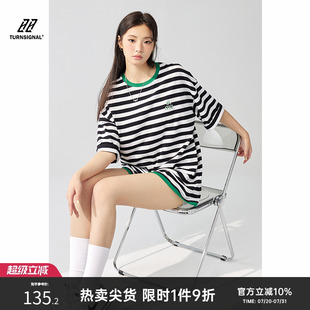 2025新款 Turn T恤女夏季 寬松圓領(lǐng)中長(zhǎng)款 Signal潮牌條紋短袖 上衣夏