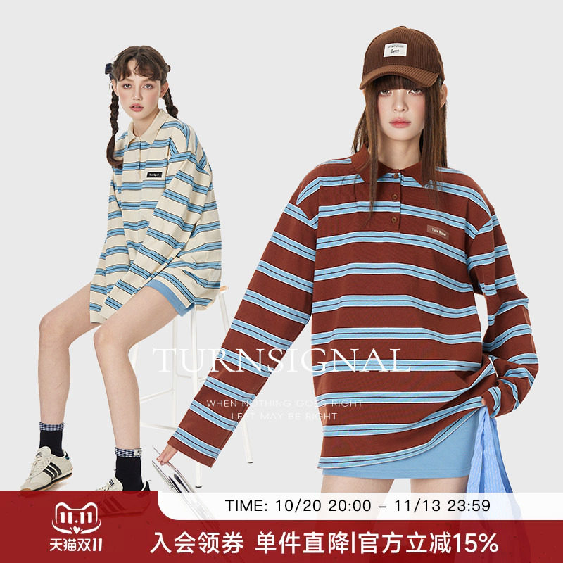 TurnSignal潮牌条纹长袖POLO衫女春秋2026新款休闲宽松翻领上衣