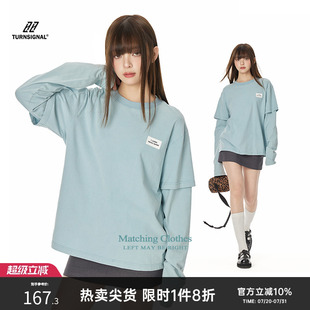 TurnSignal 纯棉宽松圆领上衣 潮牌假两件长袖 T恤女春秋2025新款