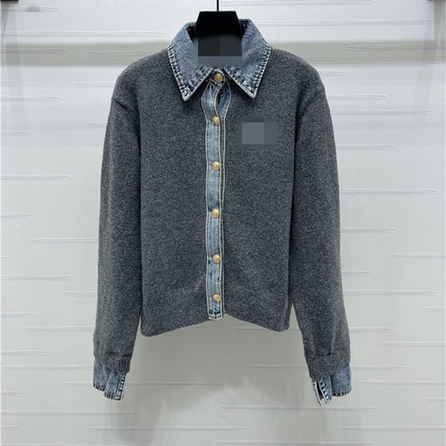 2025秋冬新款翻领拼接假两件刺绣字母单排扣舒适柔软百搭针织衫