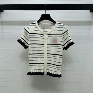 开衫 2026春夏新款 圆领撞色条纹刺绣字母针织短袖