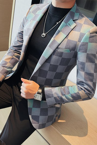 2005-P185 西装外套男士西服上衣修身休闲格子小西装图片