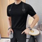 7876-P58圆领短袖体恤男士夏季新款修身肩带个性拼接白色T恤，男装T恤，电商B333