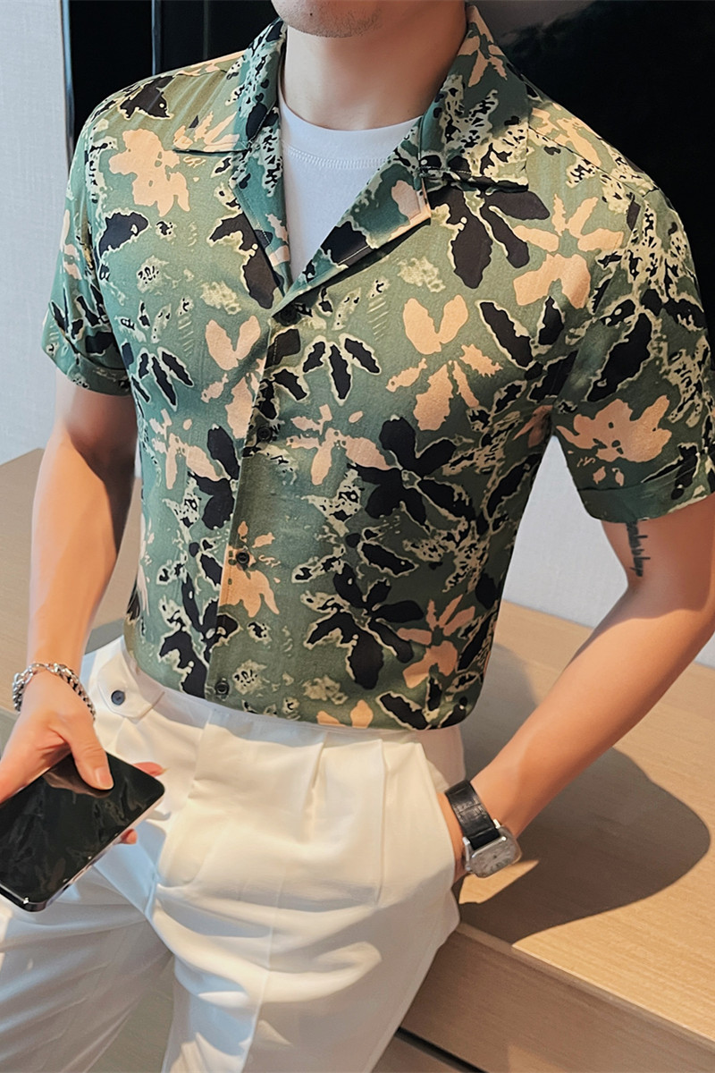 C3016-P78印花短袖衬衫男士夏季潮流休闲半袖修身衬衣绿色,男装T恤,电商B333