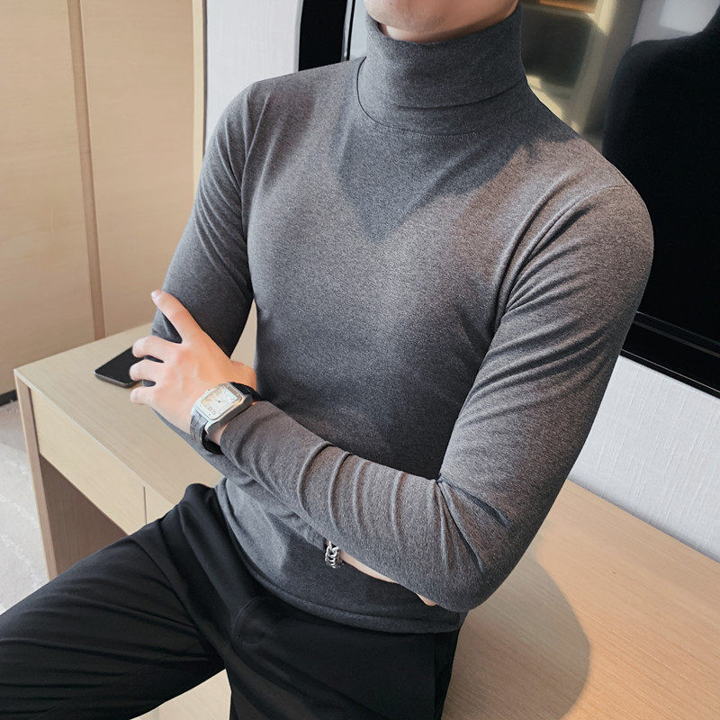 5859-P48可翻高领长袖打底衫秋冬抓薄绒纯色T恤百搭修身秋衣，男装T恤，电商B333
