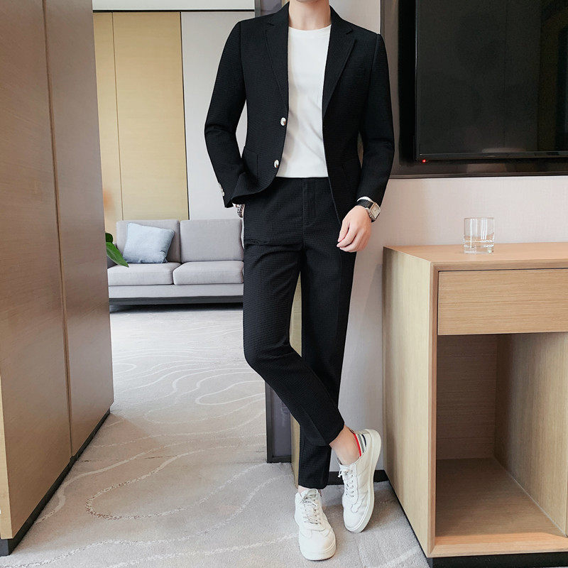 TZ517-P210华夫格西装两件套男士秋冬长裤休闲套装西服套装,男装西服套装,电商B333