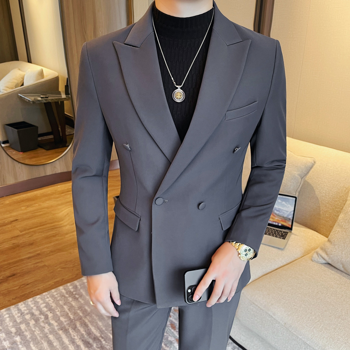 X23663-P165男士西服新款双排扣修身弹力西装外套,男装西服套装,电商B333