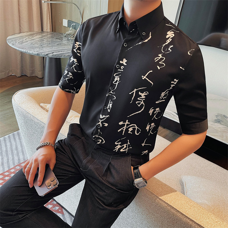 C7131-P6898中袖衬衫男士夏季新款风印花黑白衬衣五分袖,男装T恤,电商B333
