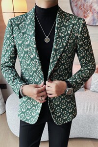 X1060-P148 秋冬季个性时尚修身印花西装男韩版单西上衣西服外套图片