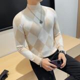 9501-P58长袖小中领针织衫秋冬新款打底衫菱格中领毛衣，男装针织衫/毛衣，电商B333