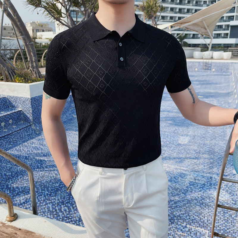 PT22-P65 针织冰丝短袖polo衫男士夏季休闲修身镂空翻领半袖t恤图片