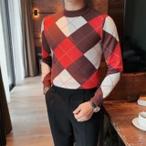 8508-P75长袖格子毛衣男士秋冬休闲撞色针织衫圆领套头线衫打底衫，男装T恤，电商B333